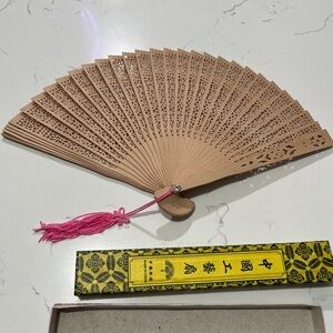 Elegant Wood Hand Fan with Pink Tassel